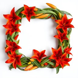 A visually stunning square picture frame made entirely of intertwined fire lilies, showcasing their vibrant red and orange petals
