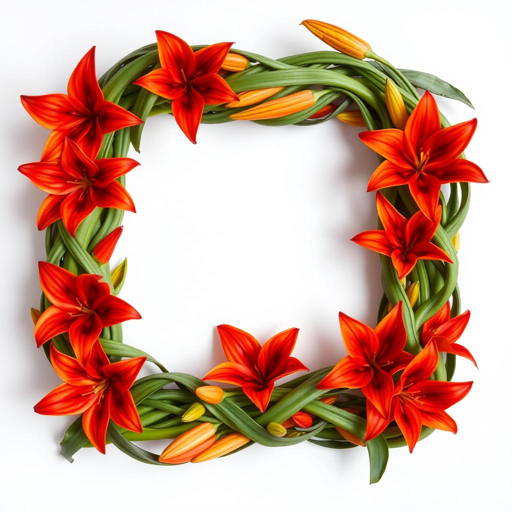 A visually stunning square picture frame made entirely of intertwined fire lilies, showcasing their vibrant red and orange petals