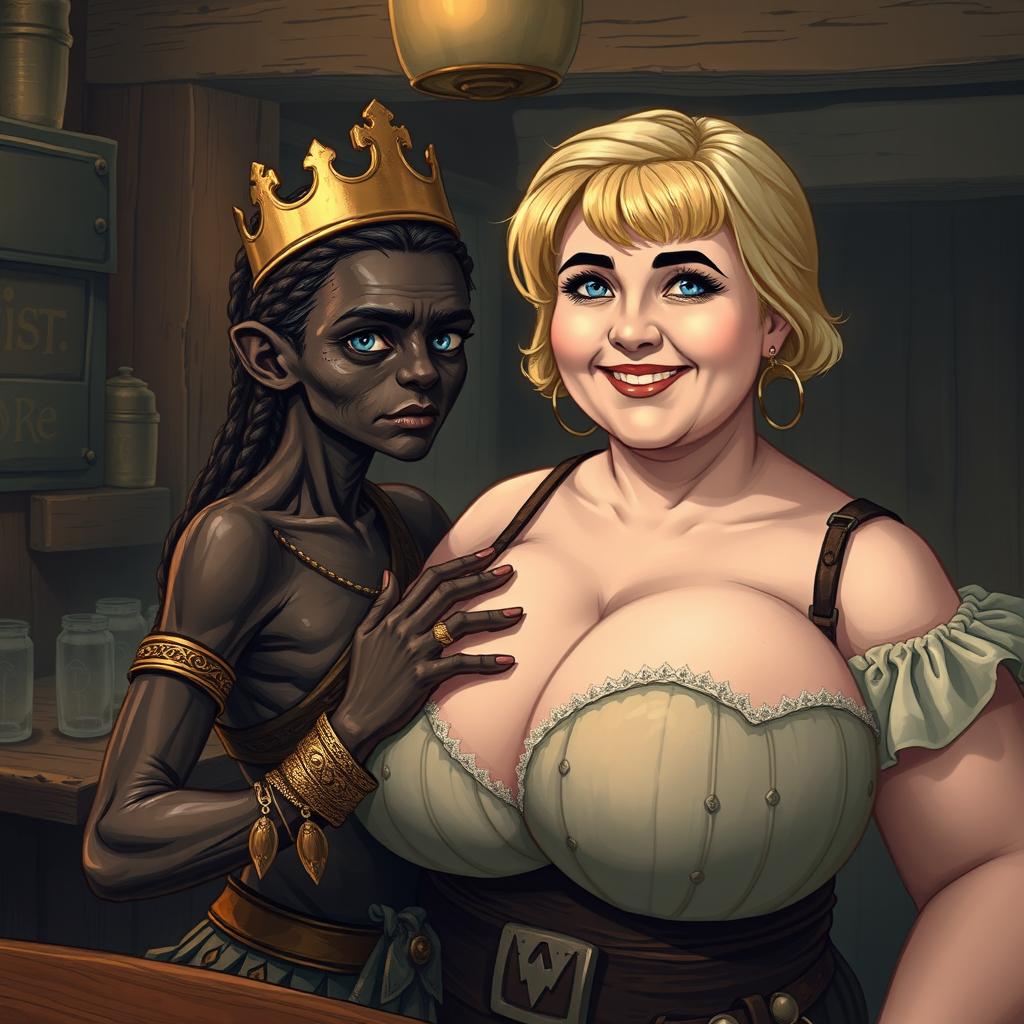 Inside a medieval tavern, a young African woman, about 30 years old, is depicted as small and emaciated with very dark skin and an anemic appearance, demonstrating a demonic expression in a Viking warrior outfit