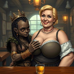 Inside a medieval tavern, a young African woman, about 30 years old, is depicted as small and emaciated with very dark skin and an anemic appearance, demonstrating a demonic expression in a Viking warrior outfit