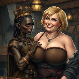 Inside a medieval tavern, a young African woman, about 30 years old, is depicted as small and emaciated with very dark skin and an anemic appearance, demonstrating a demonic expression in a Viking warrior outfit