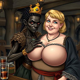 Inside a medieval tavern, a young African woman, about 30 years old, is depicted as small and emaciated with very dark skin and an anemic appearance, demonstrating a demonic expression in a Viking warrior outfit