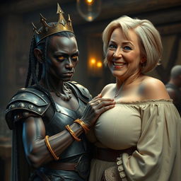 Inside a medieval tavern, a young African woman, around 30 years old, with very dark skin and an anemic appearance, is portrayed with a demonic and monstrous expression, wearing Viking warrior armor