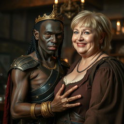 Inside a medieval tavern, a young African woman, around 30 years old, with very dark skin and an anemic appearance, is portrayed with a demonic and monstrous expression, wearing Viking warrior armor