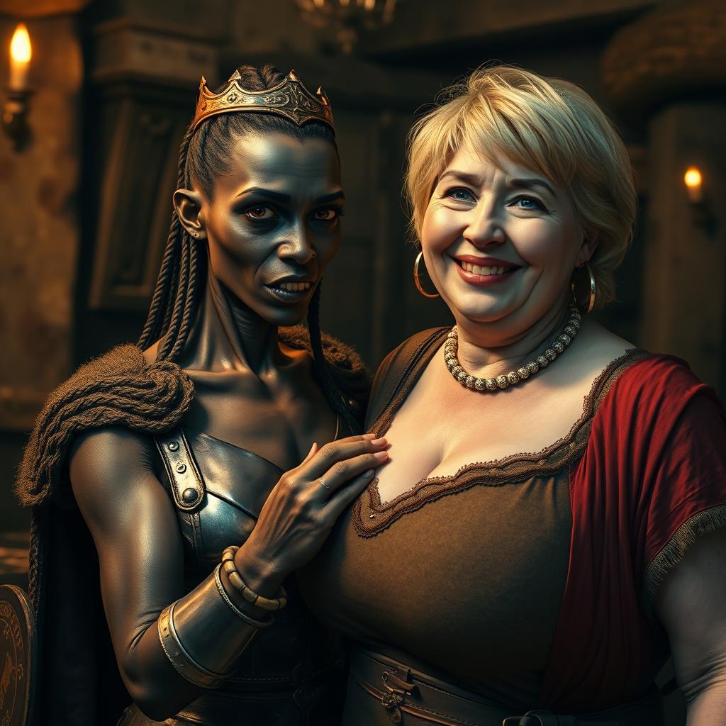 Inside a medieval tavern, a young African woman, around 30 years old, with very dark skin and an anemic appearance, is portrayed with a demonic and monstrous expression, wearing Viking warrior armor