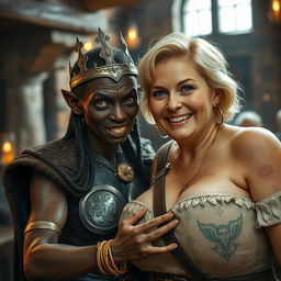 Inside a medieval tavern, a young African woman, around 30 years old, with very dark skin and an anemic appearance, is portrayed with a demonic and monstrous expression, wearing Viking warrior armor