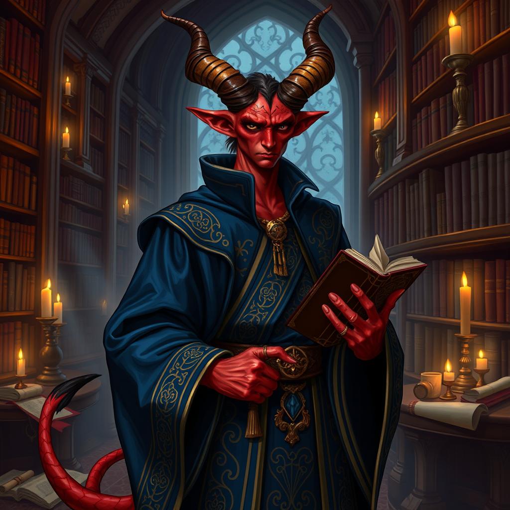 A refined Hellfire Tiefling scholar from a noble family in Waterdeep, showcasing deep red skin, short elegantly curved horns, and a long, graceful tail