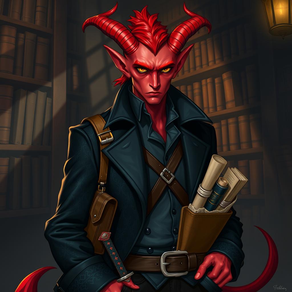 A dashing Hellfire Tiefling character with vibrant red skin, short elegantly curved horns, and a sleek tail, embodying a unique blend of rogue and scholar vibes