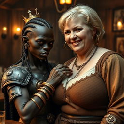 In a medieval tavern, a young African woman, around 30 years old, is depicted as small and emaciated with very dark skin, anemic eyes, and a demonic, monstrous expression