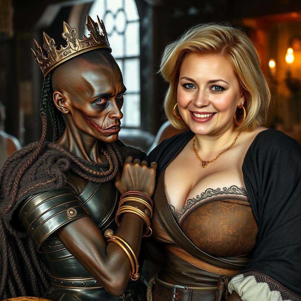In a medieval tavern, a young African woman, around 30 years old, is depicted as small and emaciated with very dark skin, anemic eyes, and a demonic, monstrous expression