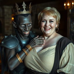 In a medieval tavern, a young African woman, around 30 years old, is depicted as small and emaciated with very dark skin, anemic eyes, and a demonic, monstrous expression