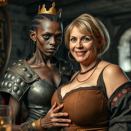 In a medieval tavern, a young African woman, around 30 years old, is depicted as small and emaciated with very dark skin, anemic eyes, and a demonic, monstrous expression