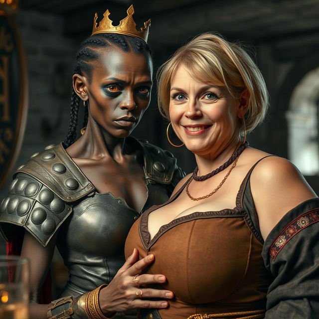 In a medieval tavern, a young African woman, around 30 years old, is depicted as small and emaciated with very dark skin, anemic eyes, and a demonic, monstrous expression
