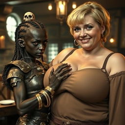 Inside a medieval tavern, a young African woman, around 30 years old, is portrayed as small and emaciated, with very dark skin, anemic eyes, and a demonic, monstrous expression