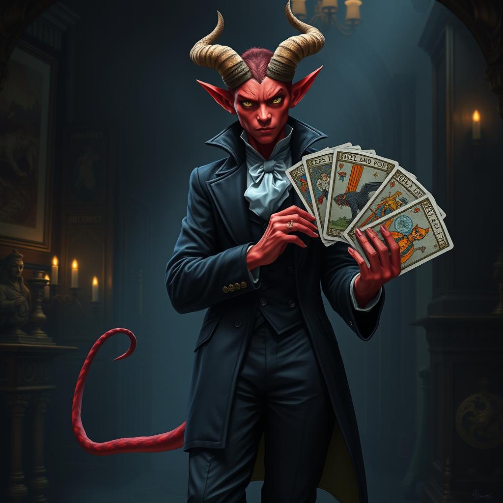 A captivating Hellfire Tiefling character from a noble family in Waterdeep, featuring vibrant red skin, short elegantly curved horns, and a long, graceful tail