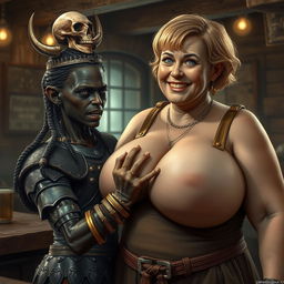 Within the confines of a medieval tavern, a young African woman, about 30 years old, is depicted as diminutive and emaciated