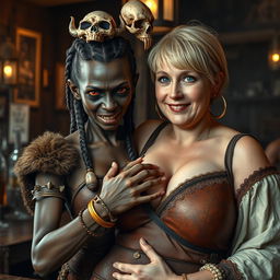 Within the confines of a medieval tavern, a young African woman, about 30 years old, is depicted as diminutive and emaciated