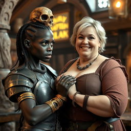 Inside a medieval tavern, a young African woman, very short and emaciated at 30 years old, has very dark skin, anemic eyes, and a demonic, monstrous expression