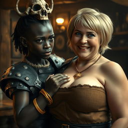 Inside a medieval tavern, a young African woman, very short and emaciated at 30 years old, has very dark skin, anemic eyes, and a demonic, monstrous expression