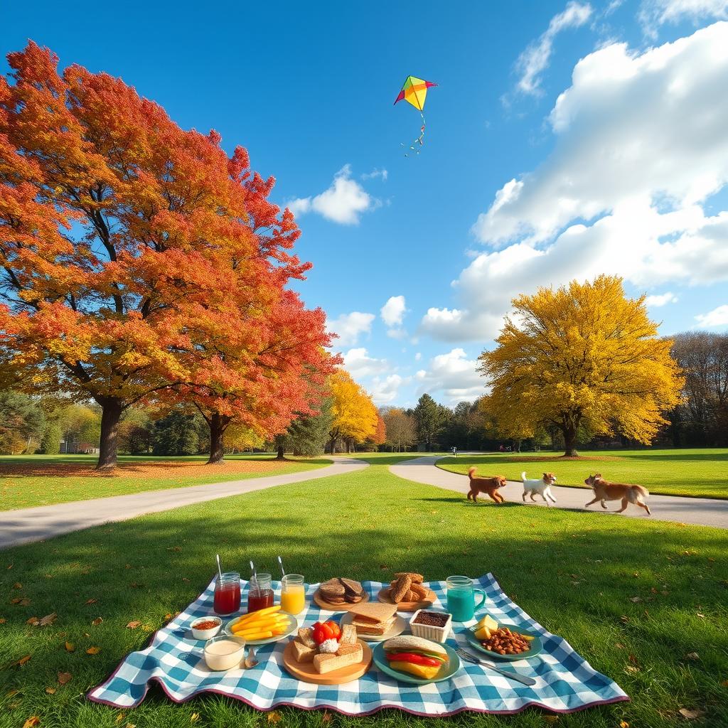 A peaceful park scene with colorful autumn trees shedding their leaves, a vast blue sky with fluffy white clouds, and a clear path winding through the greenery