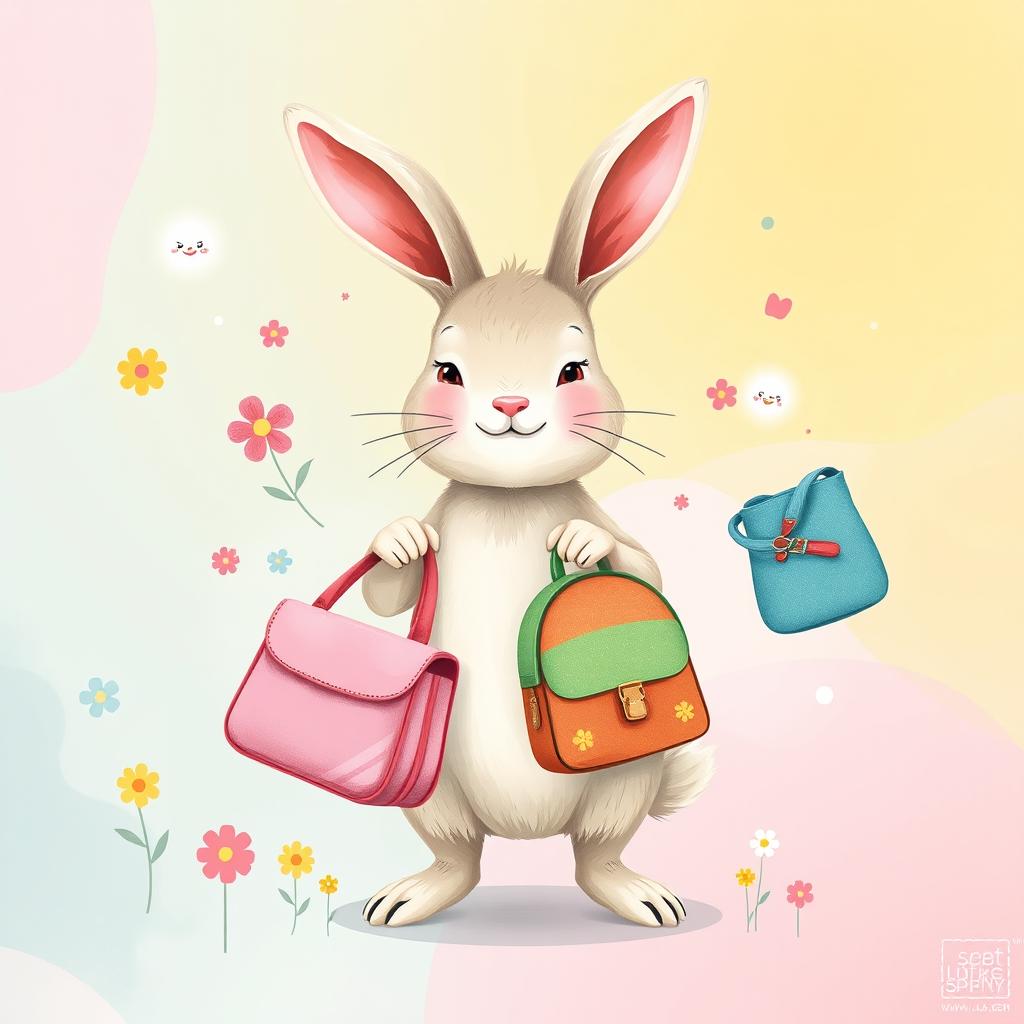 A whimsical and colorful wallpaper design featuring a cheerful rabbit holding a variety of bags, each uniquely styled and vibrant in color