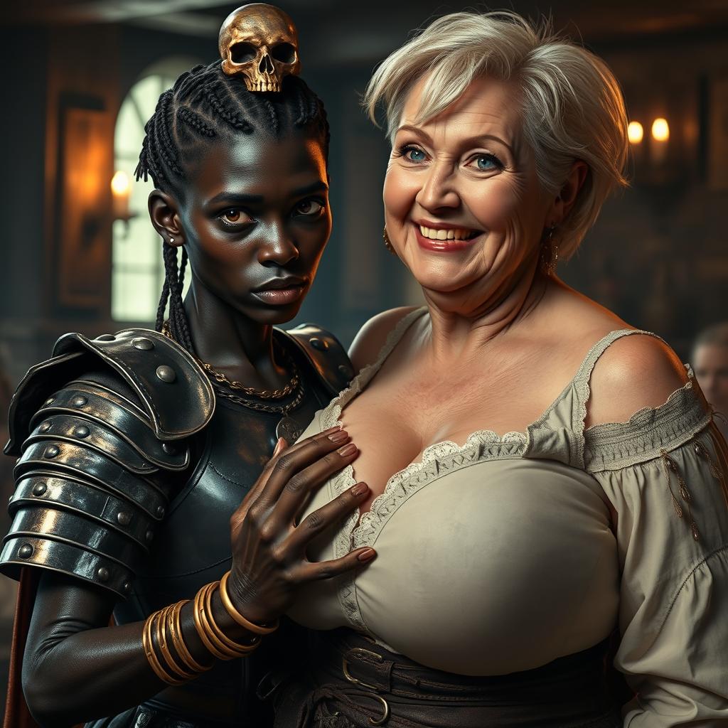 In a medieval bar, a young African woman, around 30 years old, is depicted as a short and undernourished figure with very dark skin, demonic features, and a fierce expression