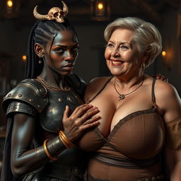 In a medieval bar, a young African woman, around 30 years old, is depicted as a short and undernourished figure with very dark skin, demonic features, and a fierce expression