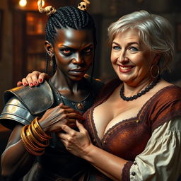 In a medieval bar, a young African woman, around 30 years old, is depicted as a short and undernourished figure with very dark skin, demonic features, and a fierce expression