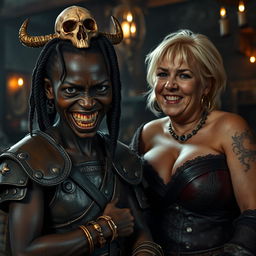 A dark fantasy medieval tavern scene with dramatic lighting