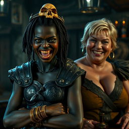 A dark fantasy medieval tavern scene with dramatic lighting