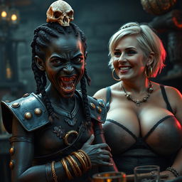 A striking dark fantasy scene set in a medieval tavern