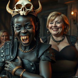 A striking dark fantasy scene set in a medieval tavern