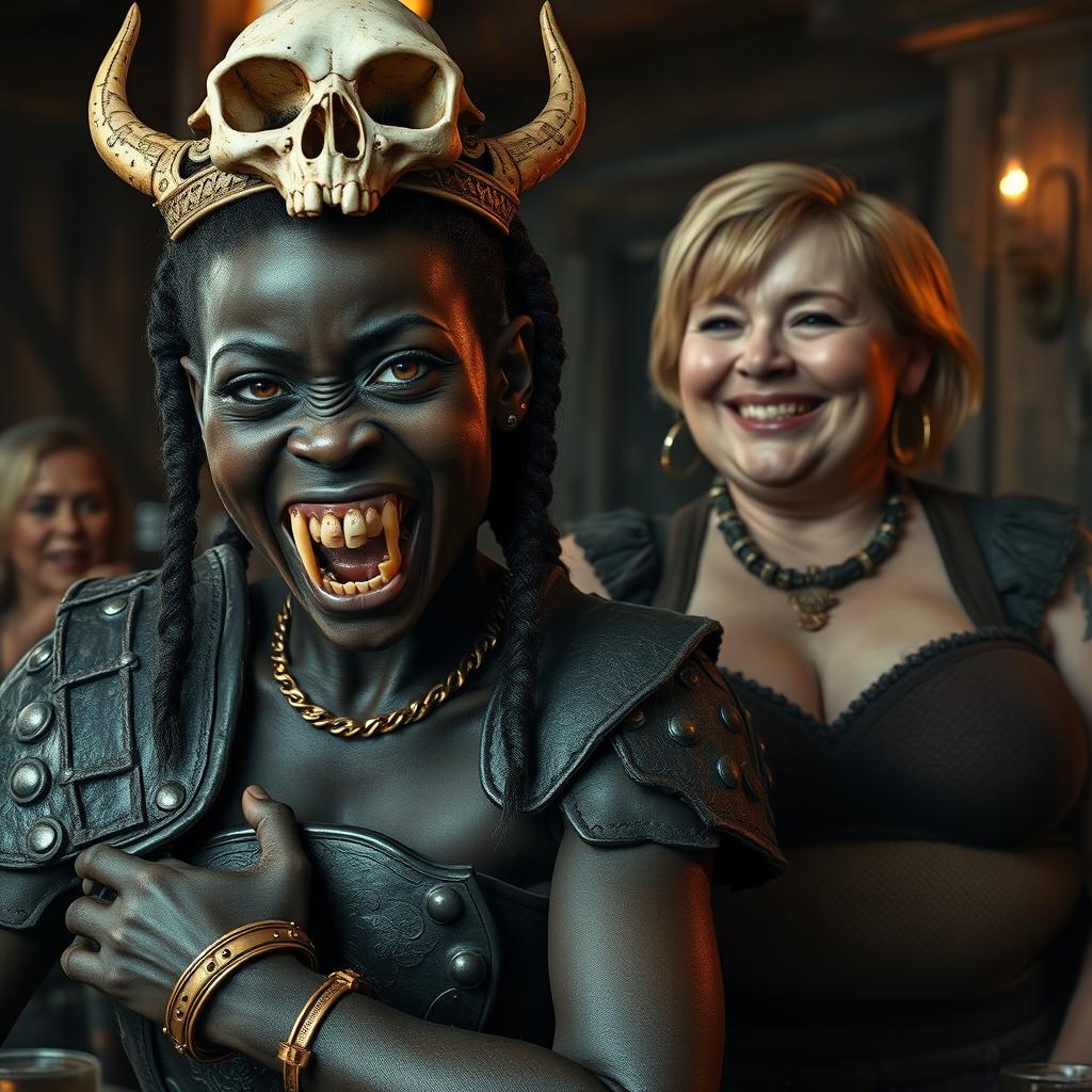 A striking dark fantasy scene set in a medieval tavern