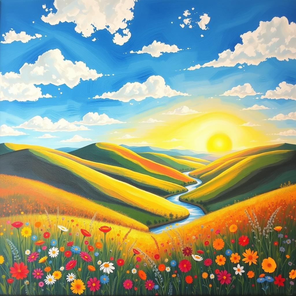 A vibrant and colorful painting depicting a serene landscape with rolling hills under a bright blue sky, dotted with fluffy white clouds