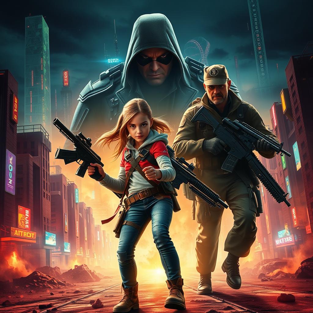 A thrilling action movie poster featuring a brave girl and her brother in a dramatic post-apocalyptic world