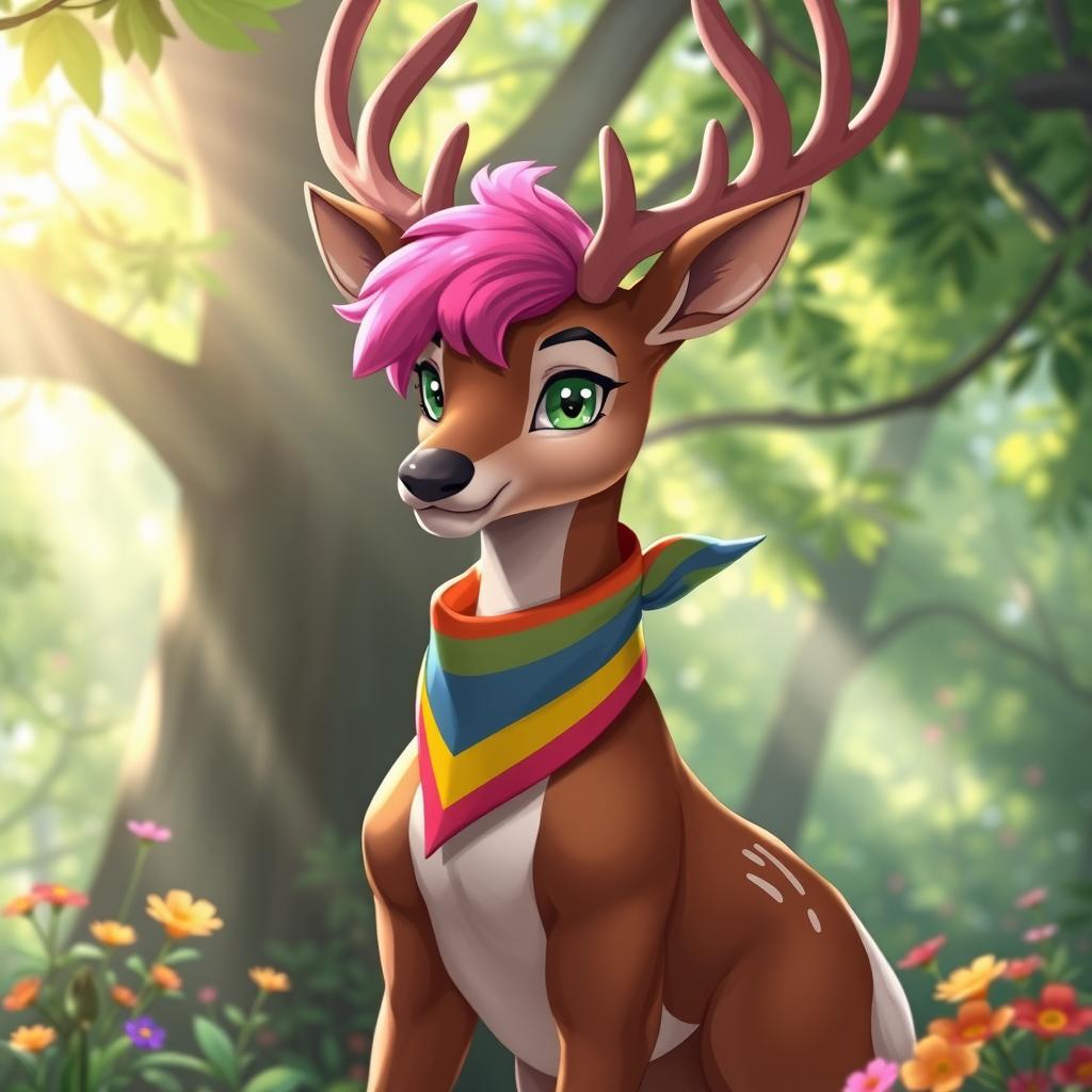 An anthropomorphic male deer with vibrant pink hair, striking emerald green eyes, and wearing a colorful rainbow bandana