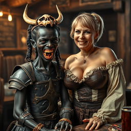 A fantastical and dark scene set in a medieval tavern, capturing a unique contrast between two figures