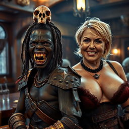 A fantastical and dark scene set in a medieval tavern, capturing a unique contrast between two figures