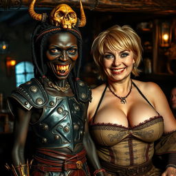 A fantastical and dark scene set in a medieval tavern, capturing a unique contrast between two figures