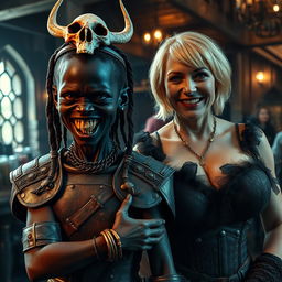 A fantastical and dark scene set in a medieval tavern, capturing a unique contrast between two figures