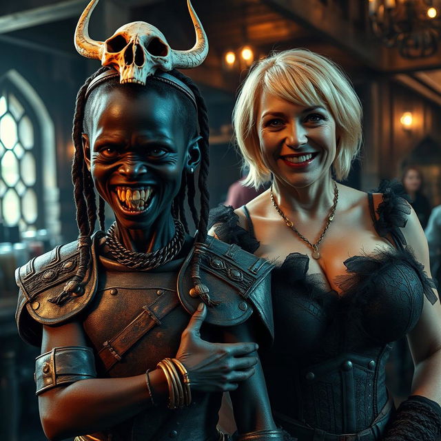 A fantastical and dark scene set in a medieval tavern, capturing a unique contrast between two figures