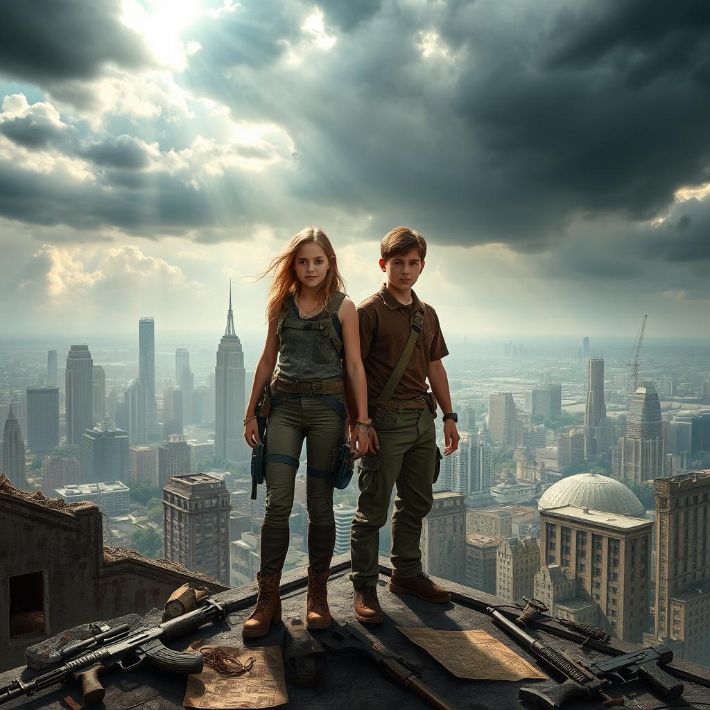 A heroic teenage girl determined to save the world alongside her brother in a dramatic post-apocalyptic landscape