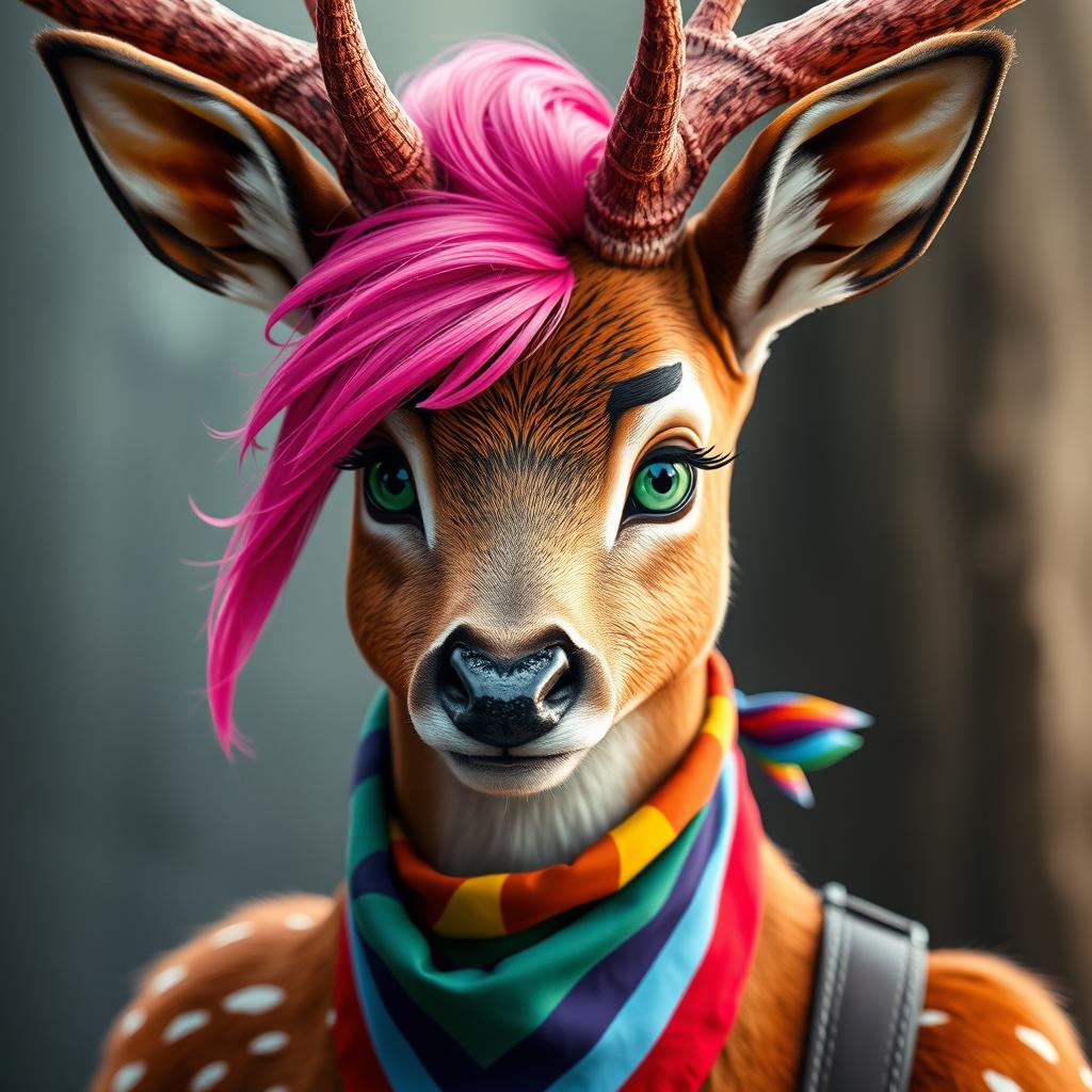 An anthropomorphic male deer with vibrant pink hair, striking emerald green eyes, and wearing a rainbow bandana