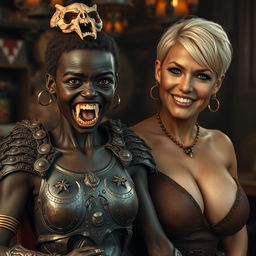 A fantastical and striking scene set in a medieval tavern, featuring two contrasting characters