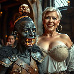 A fantastical and striking scene set in a medieval tavern, featuring two contrasting characters