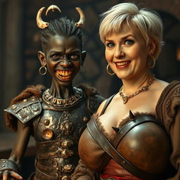 A fantastical and striking scene set in a medieval tavern, featuring two contrasting characters