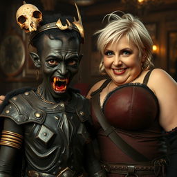 A fantastical and striking scene set in a medieval tavern, featuring two contrasting characters