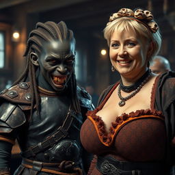 A striking and imaginative scene set in a medieval tavern, featuring two distinct characters