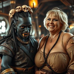 A striking and imaginative scene set in a medieval tavern, featuring two distinct characters