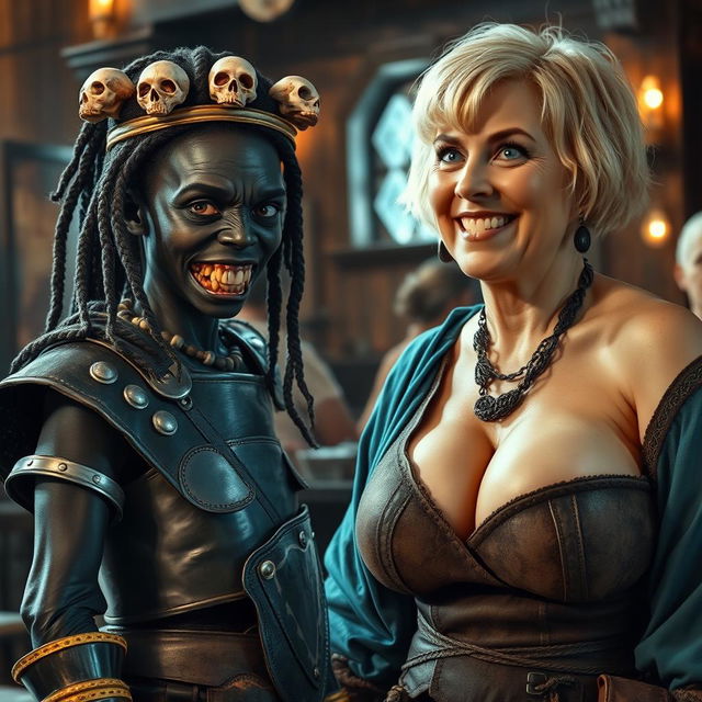 A striking and imaginative scene set in a medieval tavern, featuring two distinct characters